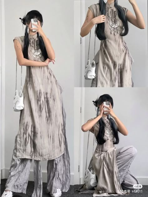 Chinese Modern Outfit, Nomad Outfit, Solarpunk Outfit, Modern Chinese Fashion, Modern Chinese Dress, Solarpunk Fashion, Japanese Goth, Ancient Outfits, Punk Street Style