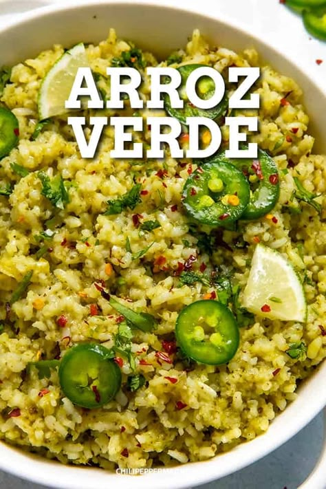 Thanksgiving Rice Recipes, Vegetarian Chili Verde Recipe, Green Rice Recipe, Chili Verde Recipe, Roasted Poblano Peppers, Roasted Poblano, Verde Recipe, Poblano Peppers, Green Rice