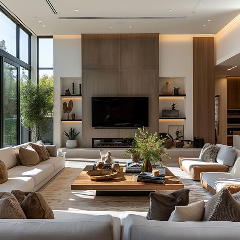 Light Contemporary Living Room, Large Home Decor Ideas, Luxury Lounge Room, Tv Room Ideas Modern Luxury, Contemporary Luxe, Interior Design White Walls, Living Room Designs Organic Modern, Windows Behind Sofa, Modern Chic Interior Design