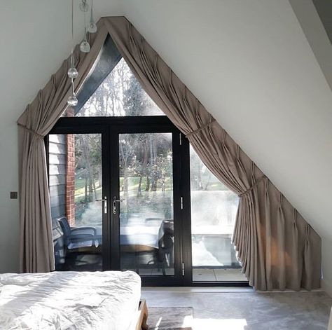 Apex Windows Curtains, Triangle Window Coverings, Triangle Window Curtains, Minimal Curtains, Loft Curtains, Slanted Ceiling Bedroom, Apex Window, Triangle Window, Gable Wall