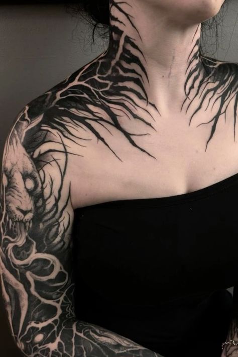 Neotribal Neck Tattoo, Back Tattoos For Guys Spine, Chest Neck Tattoo, Full Neck Tattoos, Fierce Tattoo, Shoulder Cap Tattoo, Clavicle Tattoo, Organic Tattoo, Wicked Tattoos