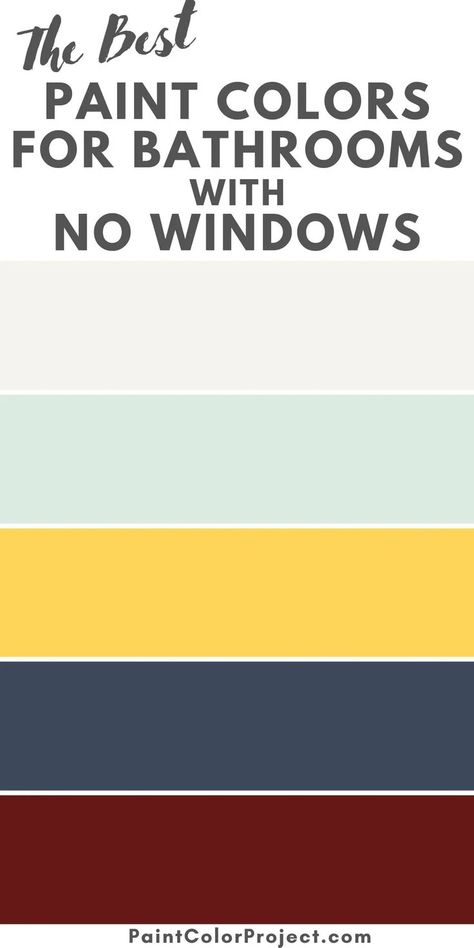 Brighten up your windowless bathroom with our guide to the best paint colors for bathrooms with no windows. Make your windowless bathroom light and bright, or rich and cozy. Bathroom Without Windows Paint Colors, Paint Color For Small Bathroom No Window, Windowless Bathroom Paint Colors, No Window Bathroom, Bathrooms With No Windows, Small Windowless Bathroom, Paint Colors For Bathrooms, Spa Paint Colors, Bright Bathroom Colors