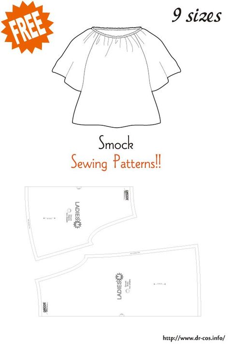 Smock Pattern Free, Free Shirt Patterns For Women, Drcos Patterns, Patterns For Toys, Smock Dress Pattern, Smock Pattern, Blouse Sewing Pattern, Sewing Patterns Free Women, Blouse Sewing