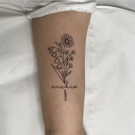 Mel 🌿 on Instagram: “Memorial for Archie 🐶 thank you so much Abi (as always teehee)” Dysautonomia Tattoo Ideas, Flowers With Name Tattoo, Floral Stem Tattoo, Archie Tattoo, Maiden Name Tattoo, Flower Name Tattoo, Girly Tattoos, Flower Names, Happy Things