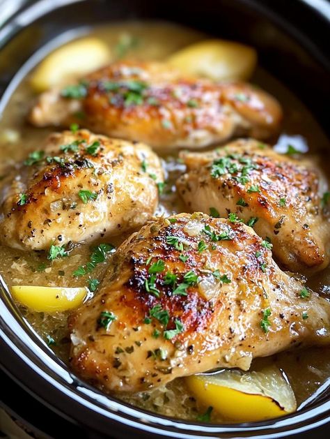 Slow Cooker Lemon Garlic Chicken with Bell Peppers Pepper Chicken Crockpot, Lemon Garlic Chicken Crockpot, Lemon Pepper Chicken Crockpot, Slow Cooker Lemon Garlic Chicken, Chicken With Bell Peppers, Garlic Chicken Crockpot, Stuffed Bell Peppers Chicken, Zesty Chicken, Lemon Garlic Chicken