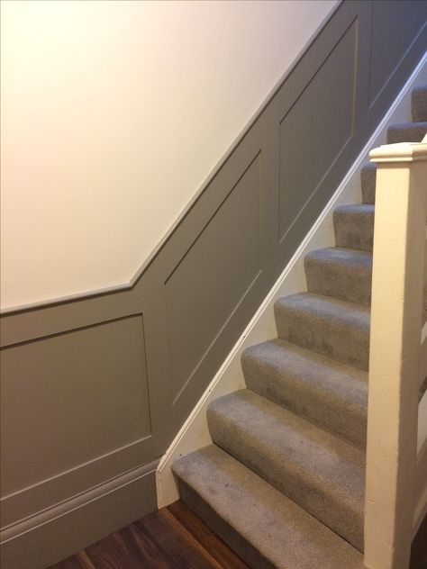 F&B Worsted grey panelling Grey Panelling Stairs, Grey Panelling Hallway, Stair Panelling, Grey Panelling, Raised Panel Walls, Staircase Paneling, Hallway Panelling, White Radiator Covers, House Hallway