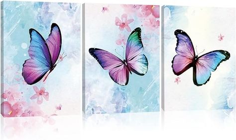 Amazon.com: MZYHOME Butterfly Canvas Wall Art Decor 3 Piece Fantasy Girls Wall Art Watercolor Art Print Butterflies for Wall Art Living Room Bedroom Canvas With Wood Framed 12x16 Inch: Posters & Prints Pink And Blue Butterfly, Framed Butterfly, Butterfly Canvas, Watercolor Pictures, Bedroom Canvas, Decoration Painting, Butterfly Pictures, Girls Wall Art, Office Bathroom