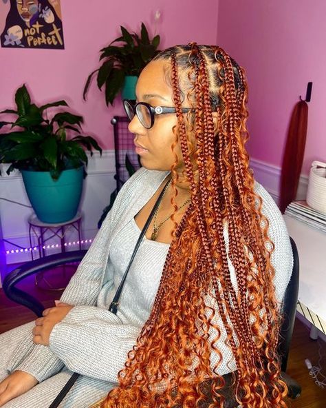 Orange Knotless Braids, Waist Length Knotless Braids, Bohemian Knotless Braids With Color, Size Braids, Knotless Braids With Color, Medium Size Braids, Blonde Styles, Braids With Color, Bohemian Knotless Braids