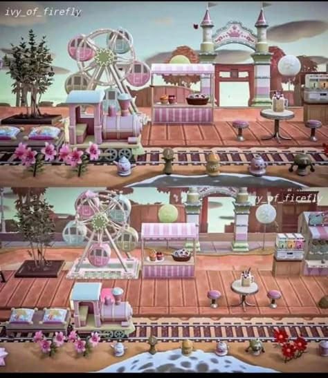 Acnh Theme Park Path, Acnh Beach Amusement Park, Animal Crossing Theme Park Ideas, Theme Park Animal Crossing, Animal Crossing Fair Ideas, Acnh Beach Carnival Ideas, Acnh Plaza Ferris Wheel, Acnh Fun Fair Ideas, Acnh Boardwalk Carnival