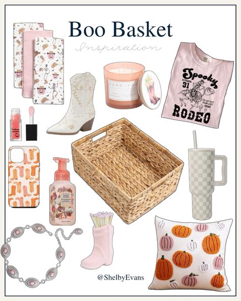 Pink. Western. Boo basket. Boo basket inspo. Halloween. Cowboy boot. Fall. Autumn. #boobasket #western #inspiration #gift Western Boo Basket, Western Basket Ideas, Cowgirl Gift Basket, Western Gift Basket, Western Basket, Skeleton Kitchen, Western Skeleton, Halloween Cowboy, Western Inspiration