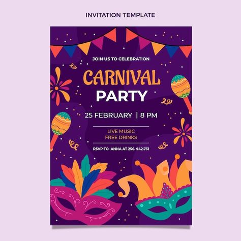 Plantilla de invitación de carnaval plan... | Free Vector #Freepik #freevector #invitacion-carnaval #carnaval #invitacion-fiesta #fiesta-carnaval Carnival Invitation Template, Mardi Gras Invitations, Carnival Design, Carnival Background, Carnival Invitations, Reunion Invitations, Invitation Card Party, Celebration Background, Free Invitation Templates