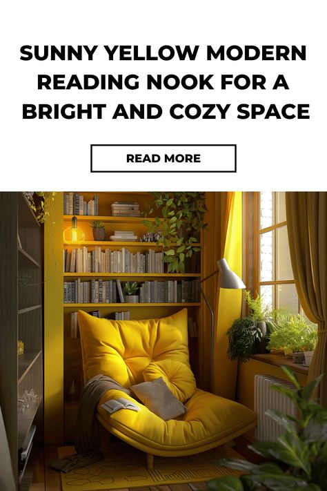 modern reading nook Mid Century Modern Reading Nook, Modern Reading Nook, Library Reading Room, Diy Window Seat, Pop Of Yellow, Reading Corners, Library Reading, Yellow Chair, Modern Layout