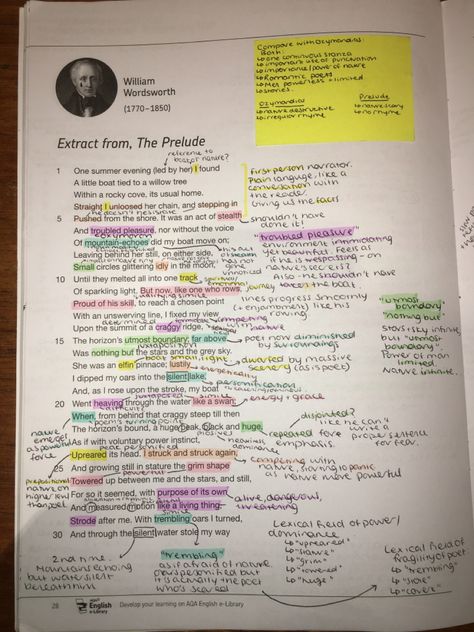 My annotations for the GCSE English Literature AQA Power and Conflict poems - extract from ‘The Prelude’. [page 1] Eng Literature Aesthetic, Literature Annotations, Prelude Annotations, Aesthetic Notes English Literature, Extract From The Prelude Poem Analysis Gcse, English Annotation, Gcse Aqa Power And Conflict, The Prelude Annotations, Gcse English Poem Analysis