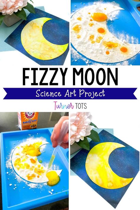 Fizzy Moon Craft, Space Art Crafts For Preschool, Moon Preschool Art, Space Themed Arts And Crafts For Kids, Cresent Crafts For Preschool, Fizzy Moon Art, Goodnight Moon Crafts Preschool, Art Unit Preschool, Moon Process Art