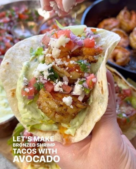 Bronzed Shrimp Tacos with Avocado Crema by @vessys_gourmet_kitchen these tacos are loaded with so much flavor and they are really hard to… | Instagram Mexican Fiesta Food, Season Shrimp, Butterfly Shrimp, Tacos With Avocado, Tiger Shrimp, Fat Burning Recipes, Avocado Crema, Flat Top Grill, Cotija Cheese