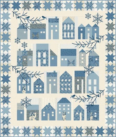 Winter Village – Finishing Touch Village Quilt, House Quilt Block, House Quilt Patterns, Traditional Quilt Patterns, Appliqué Quilts, Basket Quilts, Blue Quilt, Laundry Basket Quilts, Winter Village