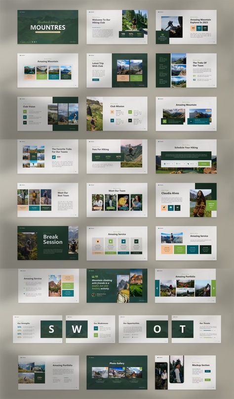 Mountain & Hiking PowerPoint Template. 30+ Slides. Best Presentation Templates, Branding Portfolio, 포트폴리오 레이아웃, Presentation Design Layout, Business Model Canvas, Mountain Hike, Powerpoint Presentation Design, About Nature, Mountain Hiking