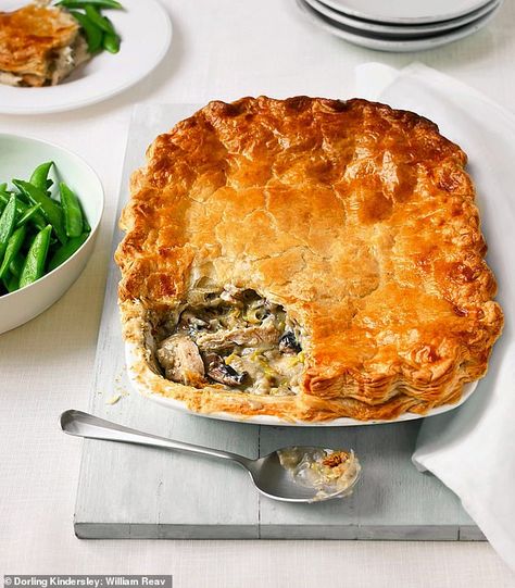 Make the most of autumn with Mary Berry: Traditional chicken, leek and mushroom pie | Daily Mail Online Mary Berg Chicken Pot Pie, Chicken And Mushroom Pie Recipe, Mushroom And Leek Pie, Chicken Leek And Mushroom Pie, Chicken And Leek Pie Recipe, Chicken Leek Pie, Leek And Mushroom Pie, Mushroom Pie Recipe, Mary Berry Recipes