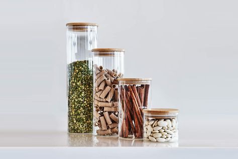 Remodelista Reconnaissance: Good-Looking Storage Jars in a Designer's Pantry - Remodelista Large Glass Canisters, Pasta Flour, Sugar Rice, Golden Bamboo, White Canisters, Herb Jar, Modern Presentation, Glass Storage Containers, Glass Storage Jars