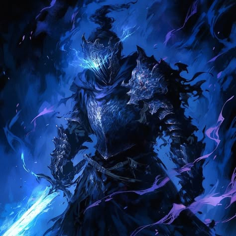 Blue Knight Fantasy Art, Blue Knight Art, Ocean Knight, Lightning Swordsman, Lightning Samurai, Water Knight, Lightning Knight, Shadow Kingdom, Epic Pfp