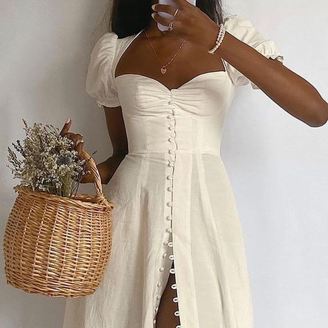 Women'S Solid Color Short-Sleeved Split Princess Dress sold by shiook on Storenvy Cottagecore Fashion Dresses, Summer Dress Trends, Europe Outfits, Dresses Aesthetic, Cottagecore Fashion, Summer Dresses For Wedding Guest, Italy Outfits, Gathered Dress, Puff Sleeve Dresses