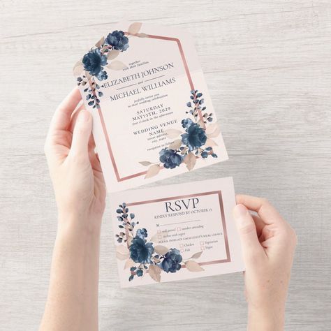 Create the perfect wedding invitation with this trendy design featuring a watercolor rose florals in navy blue and dusty pink, with a rose gold faux foil text box and light pink background. This invitation is an all-in-one format, designed to be posted without an envelope. To remove meal choices, we have create a how-to video for you here: https://youtu.be/ZGpeldQgxoE   Contact designer for matching products. Thank you so much for supporting our small business, we really appreciate it!  We are s Navy Blue And Light Pink Wedding Invitation, Dusty Rose And Navy Blue Wedding Theme, Navy Blue And Dusty Rose Wedding, Rose Gold And Navy Blue Wedding Theme, Light Pink And Navy Wedding, Dusty Blue And Pink Wedding Theme, Dusty Rose And Navy Wedding, Reception Theme, Navy Blue Wedding Theme