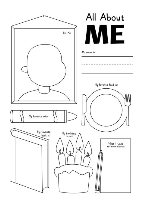 This adorable All About Me worksheet is perfect for Kindergarten students to dive into self-expression and creativity. Simply print and enjoy a fun activity that allows kids to share their favorite things and create a piece of personal artwork at the same time. Get your free printable now and let the kids have a blast! #KindergartenActivities #PrintableWorksheets #AllAboutMeWorksheet #freeprintableall What Makes Me Me Activity, All About Me Backpack Template, All About Me Theme For Toddlers, About Me Design, About Me Worksheet, Me Worksheet, Free Kindergarten Printables, All About Me Printable, Worksheet For Kindergarten