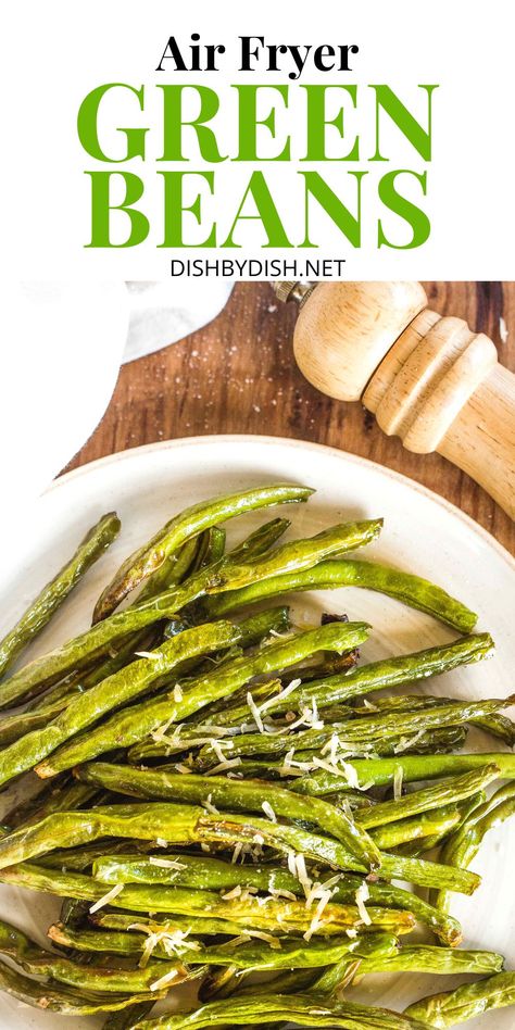 The simplest air fryer green beans that are perfect as a side dish for Thanksgiving dinner, for making green bean casserole, or simply to grace your holiday dinner table. Ready in less than 15 minutes, this gluten-free green beans recipe is about to be your favorite side dish! Totally dairy-free and vegan too! | gluten free air fryer recipes | air fryer side dish recipes | gluten free vegan recipes | air fryer recipes gluten free Gluten Free Green Bean Recipes, Air Fryer Green Beans, Air Fried Green Beans, Crispy Green Beans, Parmesan Green Beans, How To Cook Greens, Green Beans Recipe, Fried Green Beans, Cooking Green Beans