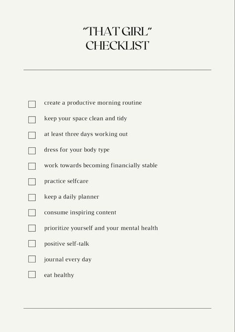 Want to become „That girl“? Here‘s a checklist that guides you on your way. #selflove #checklist #loveyourself #asthetik That Girl Checklist Aesthetic, That Girl Checklist, 2024 Checklist, 2023 Checklist, Checklist 2024, Morning Journal Prompts, Self Care Bullet Journal, Vision Board Affirmations, Life Care