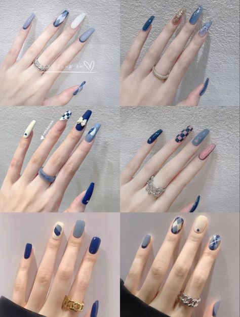 Nails Acrylic Chinese, Nails Chinese Design, Almond Nails Designs Chinese, Chinese Blue Nails, Chines Nail Designs, Blue Nails, Nail Inspo, Acrylic Nails, Nails