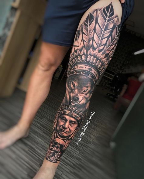 Indian Leg Tattoo Men, Indian Leg Tattoo, Native American Leg Sleeve, Creek Indian Tattoo, Apache Tattoo Design, Native Indian Tattoo Design, Indian Tattoos For Men, Cherokee Indian Tattoos, Indian Chief Tattoo