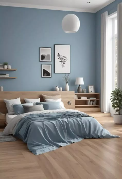 Aesthetic Wall Paint Colors, Blue Colour Room Ideas, Simple Room Color Ideas, Bedroom Colour Palette Blue, Bedroom Paint Colour Ideas, Calm House Decor, Scandi Blue Bedroom, Blue Paint Ideas For Bedroom, Blue Calm Bedroom