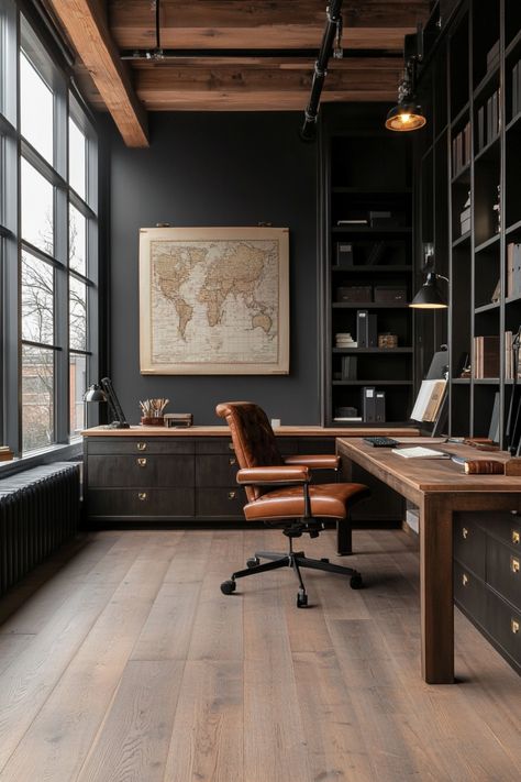 Create the perfect home office with these decor ideas and inspirations. Moody Office With Fireplace, Masculine Dark Office, Manly Office Design, Black And Light Wood Office, Moody Office Desk, Architects Home Office, Oak Office Ideas, All Wood Office, Modern Office Library