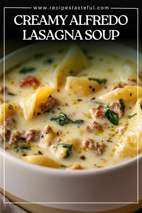 This Creamy Alfredo Lasagna Soup is a comforting and hearty dish packed with sausage, mushrooms, spinach, and lasagna noodles, all in a rich Parmesan cheese broth. Perfect for cold winter months, it combines the flavors of lasagna in a creamy, soup form that will warm you up from the inside out! Alfredo Lasagna Soup, Sausage Lasagna Soup, Alfredo Lasagna, Hearty Soup Recipes, Winter Soup Recipe, Lasagna Soup Recipe, Lasagna Noodles, Homemade Soup Recipe, Sausage Soup