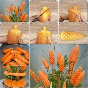 Vegetable Crafts, Deco Fruit, Food Garnish, Vegetable Decoration, Carrot Flowers, Fruits Decoration, Vegetable Design, Decorações Com Comidas, Fruit And Vegetable Carving