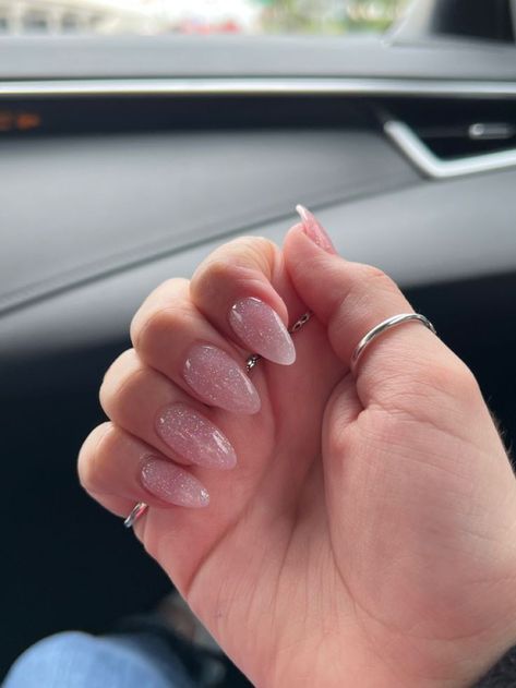 Pink Sparkle Almond Acrylic Nails, Sparkly Ombre Nails Almond, Sparkly Pink Short Nails, Pink Almond Nails With Glitter, Sparkly Tips Nails, Glitter Clear Nails, Sparkly Winter Nails, Sparkly Pink Nails, Glitter Almond Nails