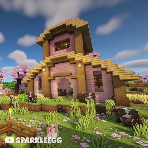 My simple little pink barn in my 1.20 Minecraft world 🥰 The field surrounding the barn used to be just a cow field, but now we have a couple sniffer friends added to the bunch ❤️ Check out my let's play on YouTube @ SparkleEgg :) #minecraft #starterhouse #aestheticminecraft #cherrygrove #cutemincraft #cute #aesthetic #minecraftbee Cute Pet Houses Minecraft, Pink Horse Stable Minecraft, Cherry Wood Barn Minecraft, Cow Minecraft Build, Cherry Barn Minecraft, Pink Farm Minecraft, Sheep Barn Minecraft, Cow House Minecraft, Pink Barn Minecraft