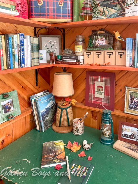 Pine shelving in rustic cabin - www.goldenboysandme.com Pine Shelving, Camping Theme Bedroom, Cabin Makeover, Cozy Cabin Decor, Brown Leather Furniture, Montana Cabin, Lake Cabin Decor, Cabin Renovation, Vintage Fall Decor