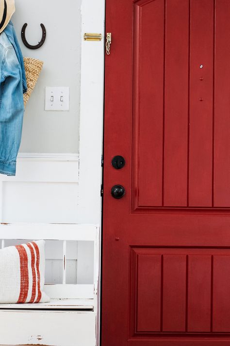 Red Door in Entryway - The Wicker House Taupe House, Entryway Interior, Wythe Blue, Wicker House, Cabinet Trim, Yard Sale Finds, White Bench, Door Entryway, Victorian House