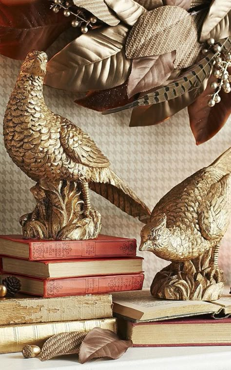 Fall Decor With Pheasants, Fall Pheasant Decor, Pheasant Fall Decor, Stuffed Pheasant Decor, Pheasant Decor Ideas, Midterm Rental, Thanksgiving Vignette, Luxury Fall Decor, Pheasant Decor