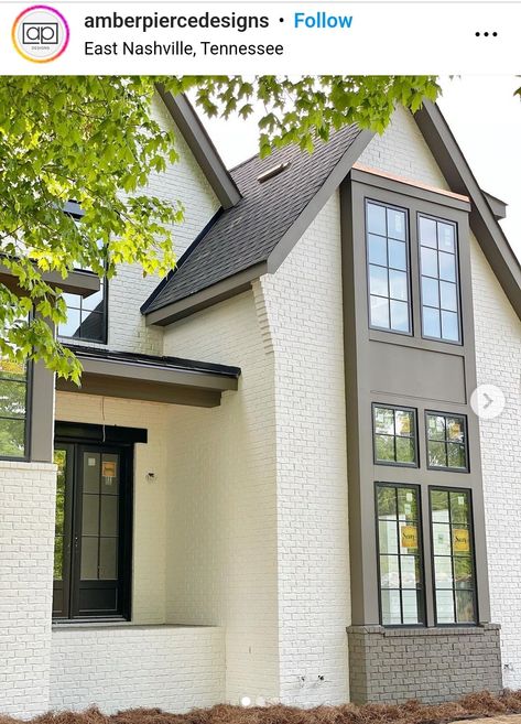 White House With Painted Brick, Red Brick With Taupe Siding, Cream Brick Black Windows, Black Windows Brown Trim, Neutral Outside House Colors, Painted Cream Brick House, Cream Color Home Exterior, Mushroom Colored House Exterior, Urban Bronze Trim Exterior Colors