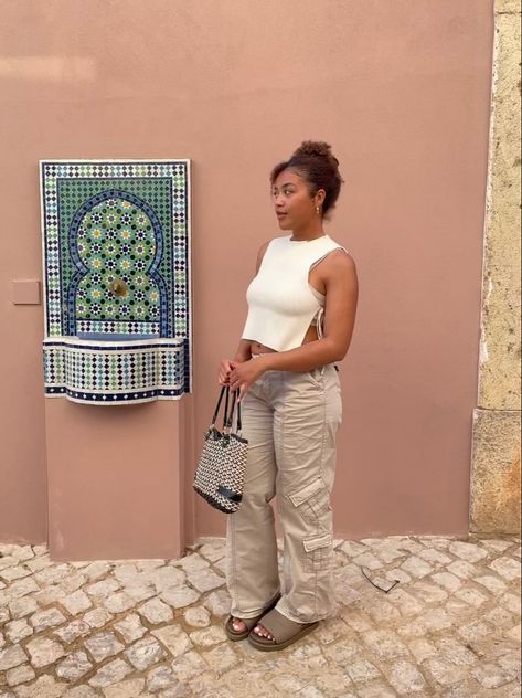 vacation outfit, portugal, casual outfit, vintage outfit, thrifted, europe, europe trip, vacation photos, cargo pants, white top, beige slides, women’s fashion, fashion outfit, fashion, vacation outfit, portugal, casual outfit, vintage outfit, thrifted, europe, europe trip, vacation photos, cargo pants, white top, beige slides, women’s fashion, fashion outfit, fashion Beige Cargo Pants Outfit, Beige Cargo Pants, Cargo Pants Outfit, Outfit Vintage, Sandals Outfit, 70s Boho, Vintage Outfit, Vacation Outfit, Slides Women