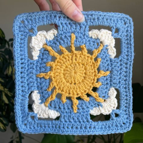 Cloudy Day Granny Square Crochet Pattern Crochet Granny Square, Crochet Pattern, Sun Crochet Pattern, Sun Granny Square Pattern - Etsy UK Bubble Granny Square Crochet, Crochet Owl Granny Square, Sun Burst Crochet Granny Squares, Grandma Crochet Granny Squares, Nature Granny Square Pattern, Granny Squares Designs, Gnome Granny Square, Granny Patch Crochet, Sea Granny Square