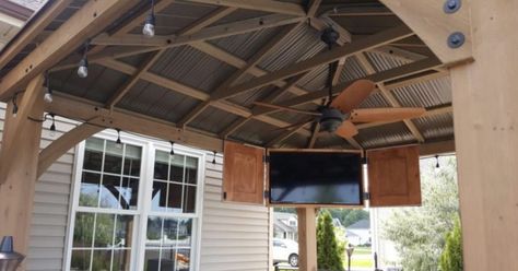 Check Out These 11 Outdoor TV Setups 🌴 📺 ☀️ - Yardistry Structures - Gazebos, Pavilions and Pergolas Outdoor Tv Area, Outdoor Tv Setup, Outdoor Tv Enclosure, Outdoor Tv Cabinet, Backyard Gazebo, Backyard Pavilion, Aluminum Roof, Outdoor Tv, Patio Gazebo