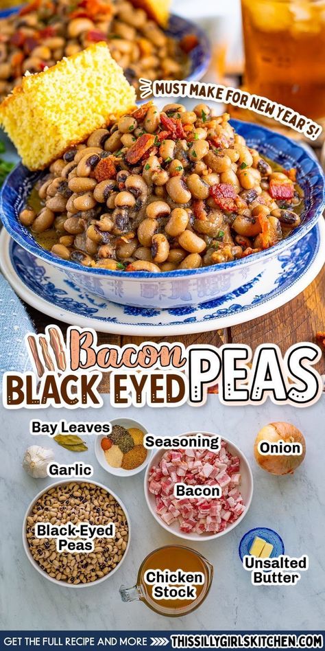 These Bacon Black Eyed Peas from This Silly Girl's Kitchen are a tasty side dish. With minimal ingredients and effort, they go great with all your family's favorite dinnertime meals. If you are looking for that perfect side dish for a party, or just something to serve at your regular dinner time slot, then you have to make these Bacon Black Eyed Peas. Blackeyed Pea Recipes New Years, Bacon Black Eyed Peas, Black Eyed Peas Canned Recipe, Black Eyed Peas New Years Good Luck, Slow Cooker Black Eyed Peas With Bacon, Paula Deen Black Eyed Peas Recipe, Blacked Peas Recipe, What To Eat With Black Eyed Peas, Black Eye Pea Salsa