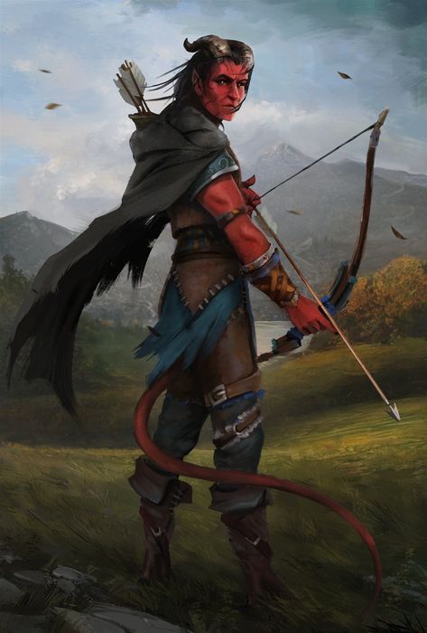 Fantasy Roles, Tiefling Male, Tiefling Rogue, Dnd Tiefling, Arcane Trickster, Pathfinder Character, Heroic Fantasy, Longbow, Ange Demon