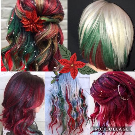 Christmas inspired hair color Christmas Hair Colors Ideas, Christmas Dyed Hair, Christmas Color Hair, Hair Color Christmas, Christmas Themed Hair Color, Dbd Outfits, Christmas Hair Short, Christmas Hair Color Ideas For Brunettes, Holiday Hair Color Christmas