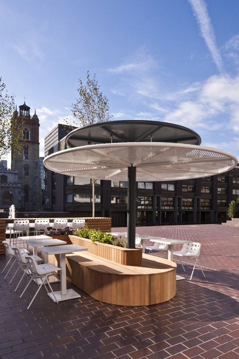 Barbican Foodhall and Lounge by SHH London 21 Restaurants London, Barbican Centre, The Barbican, Bar Design Awards, Tree Furniture, Outdoor Seating Area, Outside Furniture, Outdoor Cafe, Commercial Buildings