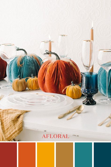 Simple Fall Tablescape Color Palette with Plush Velvet Pumpkins from Afloral.com . . Designed by @borrowedblu // Photo: @kristamasonphotography Fall Teal Color Palette, Non Traditional Fall Colors, Pumpkin Color Scheme, Fall Decor Color Palette, Fall Inspired Color Palette, Fun Fall Color Palette, Teal Fall Color Palette, Halloween Color Palette 2023, Pumpkin Orange Color Palette