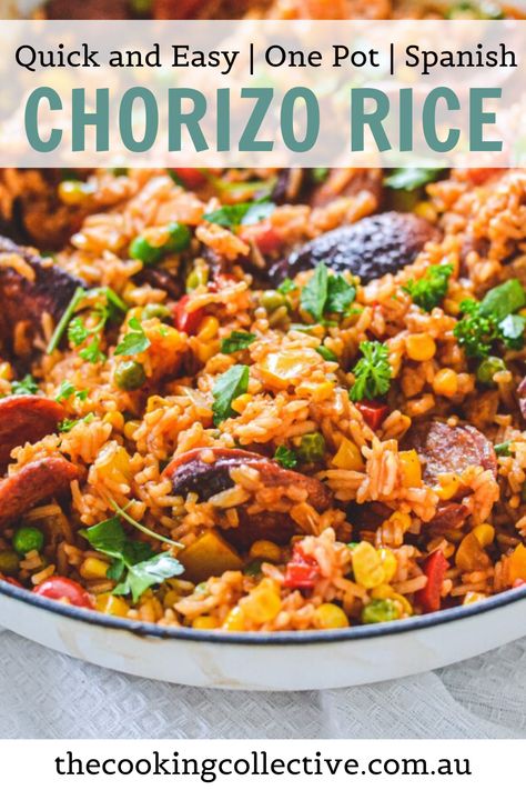 This family-friendly Spanish chorizo rice makes a healthy, filling and affordable meal that everyone will love! Made with charred chorizo sausage, capsicum and Spanish inspired spices, this hearty, flavourful dinner all comes together in one pot- in less than 30 minutes! Family Rice Meals, Mexican Chorizo Rice Recipe, One Pot Recipes With Rice, Dinner Ideas Chorizo, Rice Chorizo Recipes, Sausage Chorizo Recipes, Chorizo Fried Rice Recipe, Hearty Rice Dishes, Chicken And Chorizo Rice Recipes